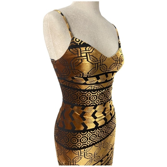 NWT NICHOLE MILLER BLACK/BRONZE VELVET BURNOUT AZTEC PRINT SPAGHETTI STRAP DRESS - Picture 6 of 16